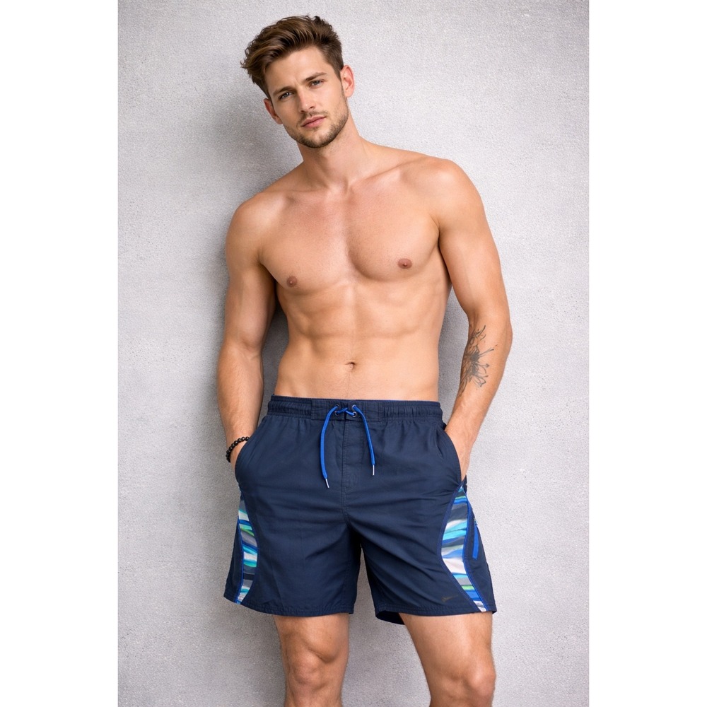 Nike Mens Swim Trunks Navy Blue Abstract Side Stripe Board Shorts Large 8 Inseam